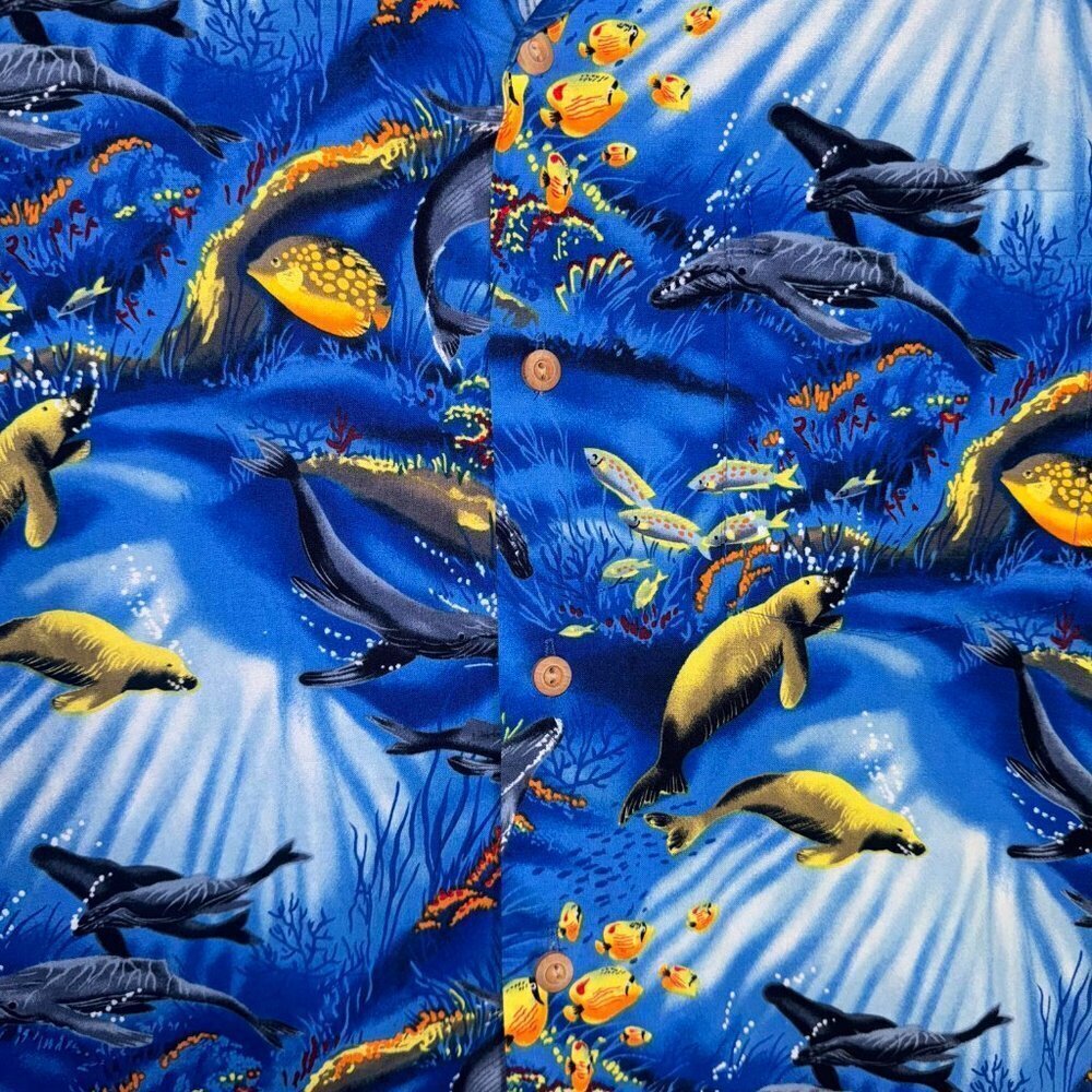 Vintage Paradise Found Hawaiian Shirt Button Down Fish Printed Cotton Large - Picture 2 of 5